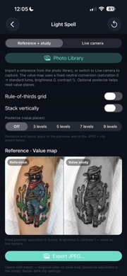 Light Spell value study comparing color tattoo reference to grayscale value map with posterize controls